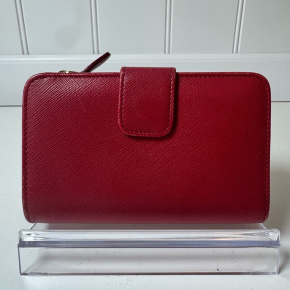 Prada Women’s Red Leather Saffiano Small Bifold Wallet with Gold-Toned Hardware - Picture 3 of 13
